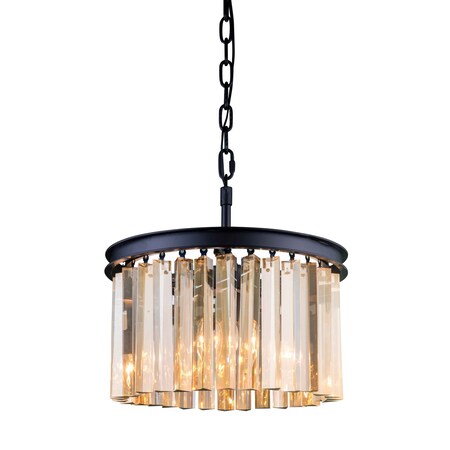 Elegant Lighting Sydney 3 light Matte Black Pendant Golden Teak (Smoky) Royal Cut Cryst 1208D16MB-GT/RC